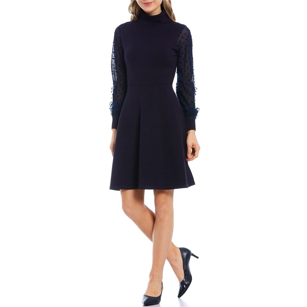 Eliza J turtleneck long sleeve sweater dress black, size M, sheer dotted sleeves